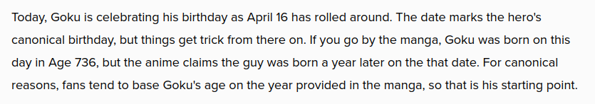 Screenshot of incorrect information about Goku's birthday sourced from the website comicbook.com