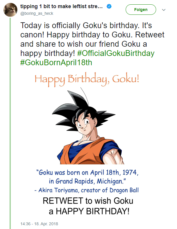 Screenshot of a humorous tweet razzing false Goku birthday information